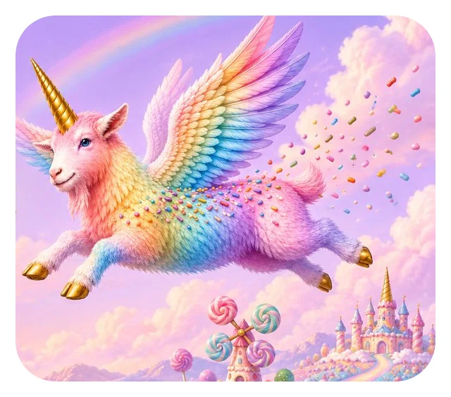 GoataClicker: the Goatacorn flying over a candy kingdom