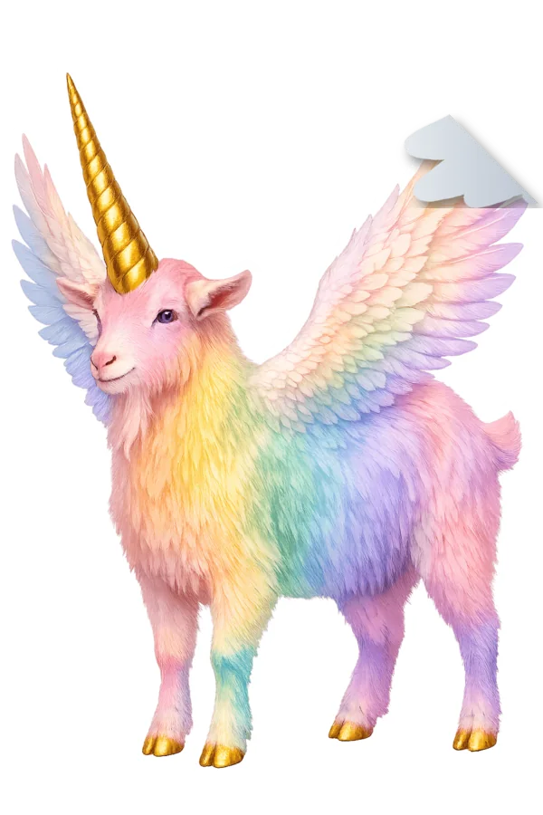 The Goatacorn, a rainbow goat with a gold horn and wings, one corner of its sticker already lifting