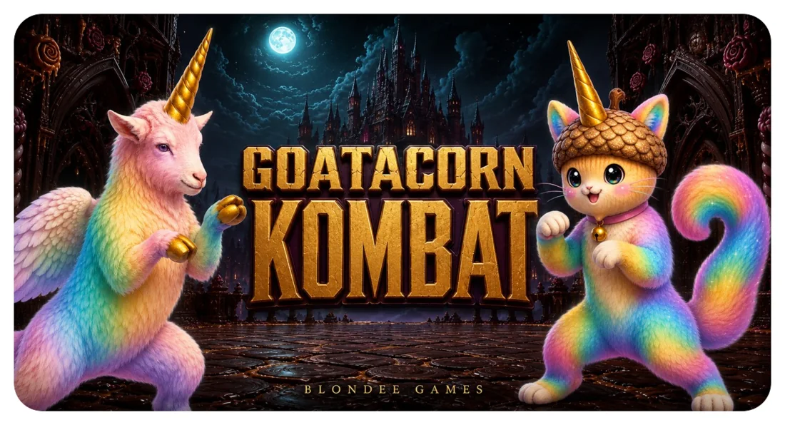 Goatacorn Kombat: the Goatacorn and the Catacornacorn squaring up in front of a moonlit candy castle